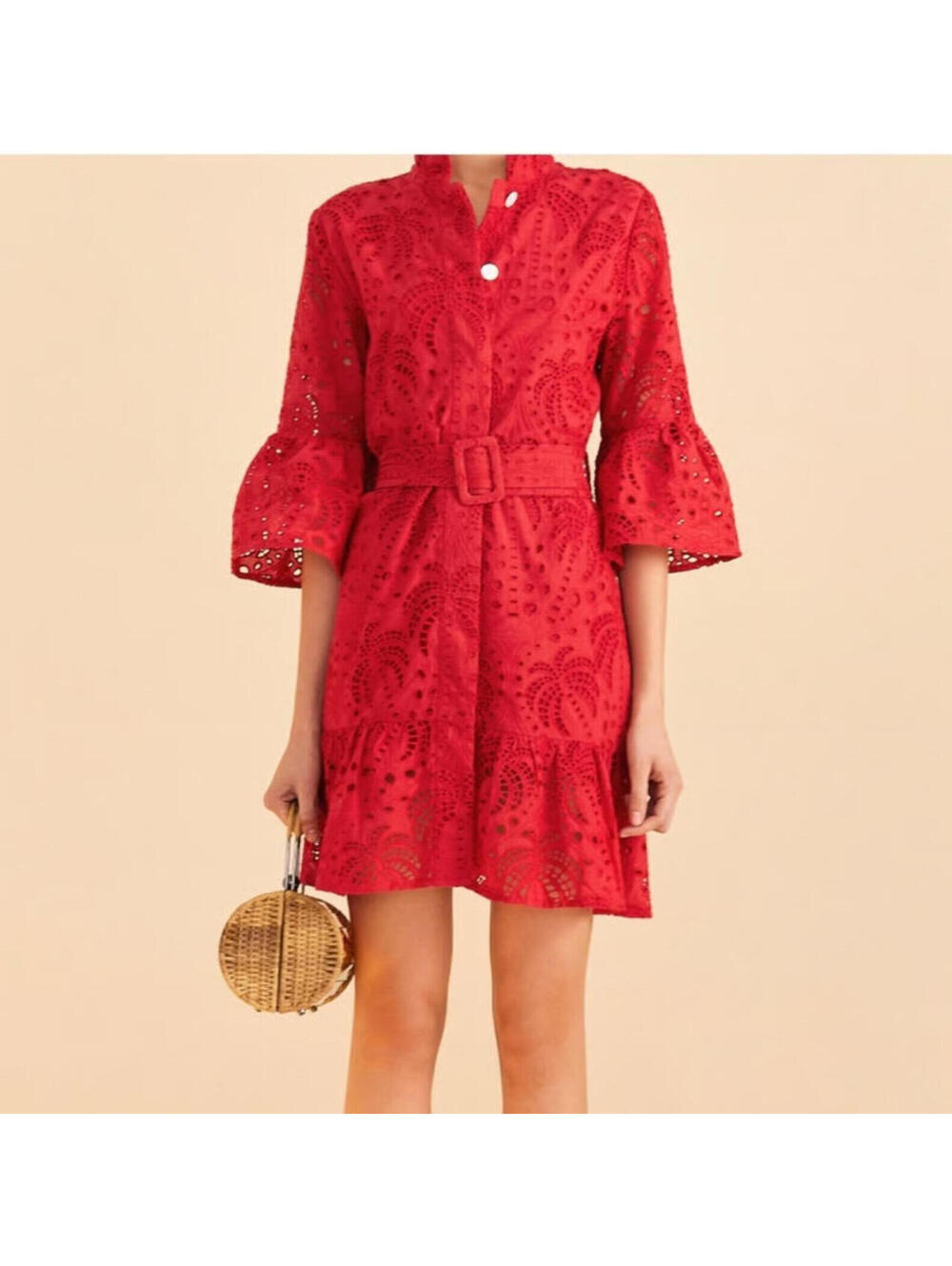 FARM RIO Red Palm Tree Eyelet Lace Mini Dress Belted Bell Sleeve Women's Medium